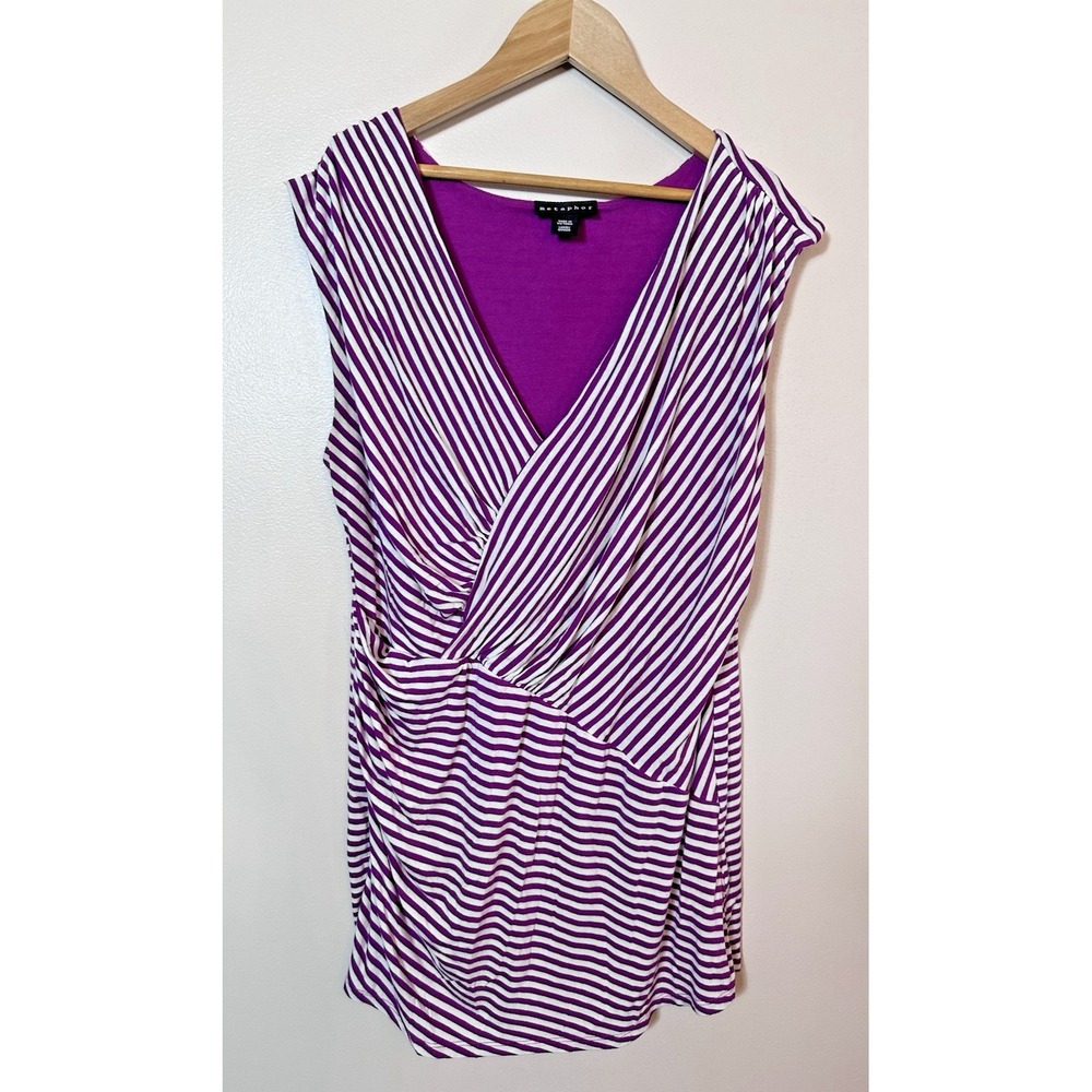 Metaphor Top Womens Large Purple White Striped Surplice Blouse V Neck Stretch L